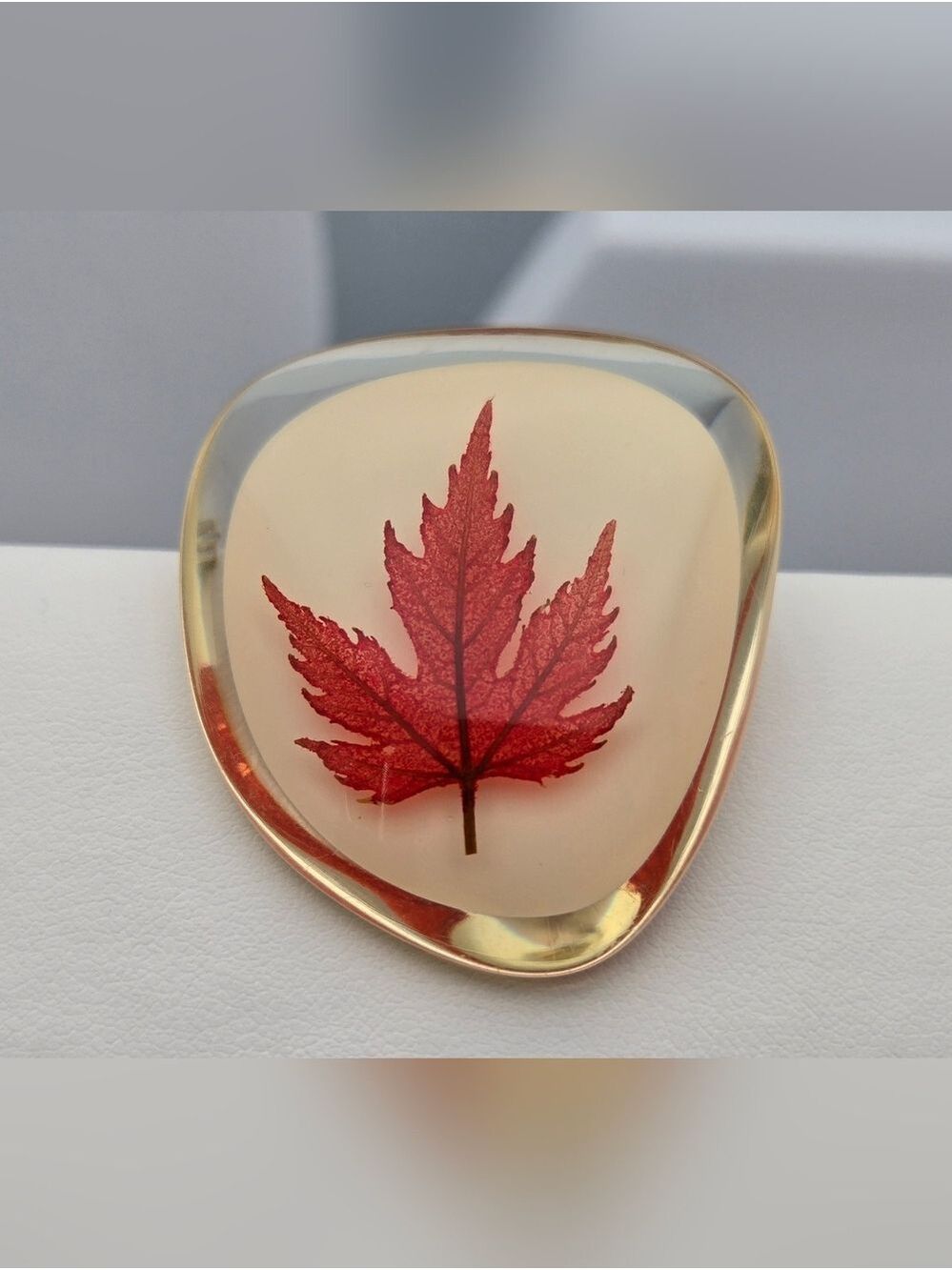Vintage Canadian Maple Leaf Lucite Brooch Real Leaf Encased 1970s 1.5"